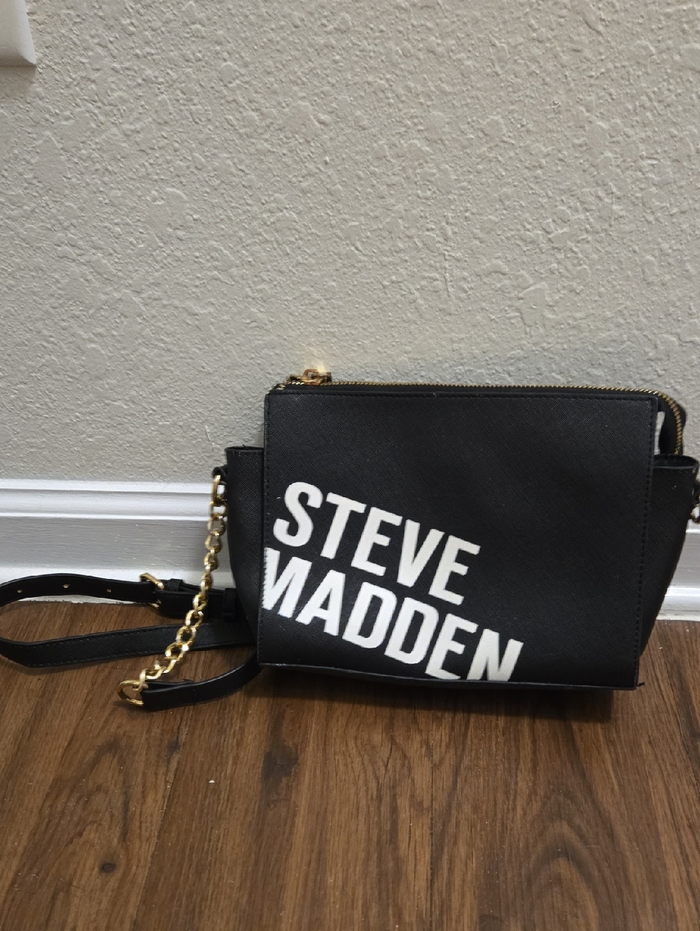 Steve Madden Black Crossbody with White Logo and Gold Chain